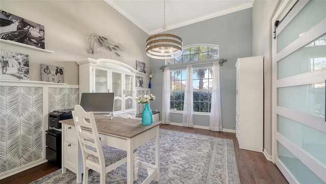 8334 Sailing Loop, Lakewood Ranch, FL 34202 - office area featuring ornamental molding, dark wood-style floors, a chandelier, and a towering ceiling