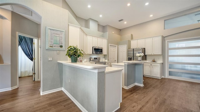 kitchen featuring kitchen peninsula, appliances with stainless steel finishes, light wood-type flooring, white cabinets, and a kitchen island