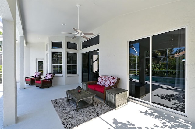 view of patio featuring ceiling fan and an outdoor hangout area