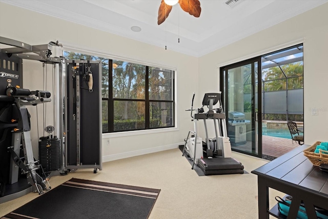 exercise area featuring a raised ceiling, ceiling fan, crown molding, and light colored carpet