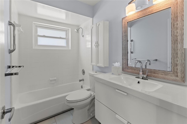 full bathroom with vanity, toilet, tiled shower / bath combo, and tile patterned flooring