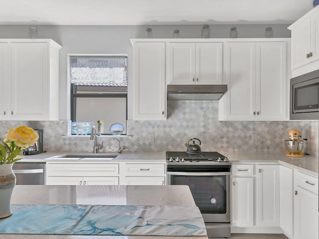 kitchen featuring tasteful backsplash, sink, white cabinets, and stainless steel appliances