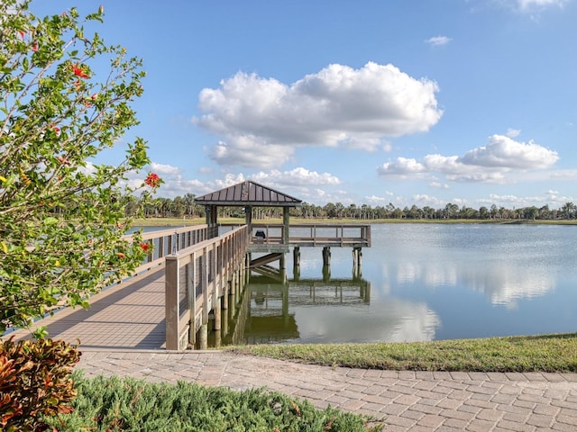 dock area featuring a gazebo and a water view