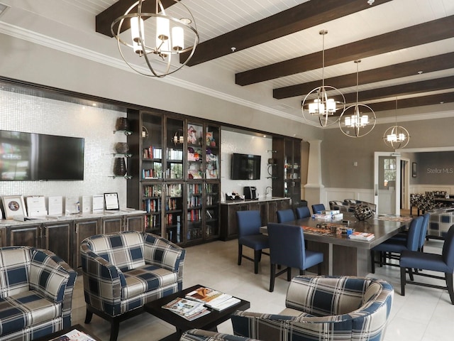 tiled living room featuring beamed ceiling, a notable chandelier, and crown molding