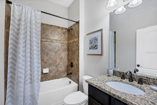 full bathroom with vanity, shower / bath combination with curtain, and toilet