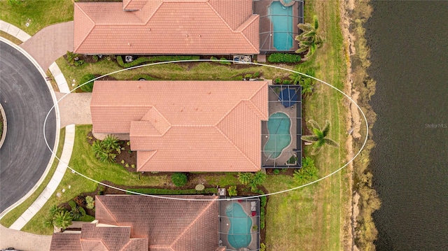 aerial view featuring a water view