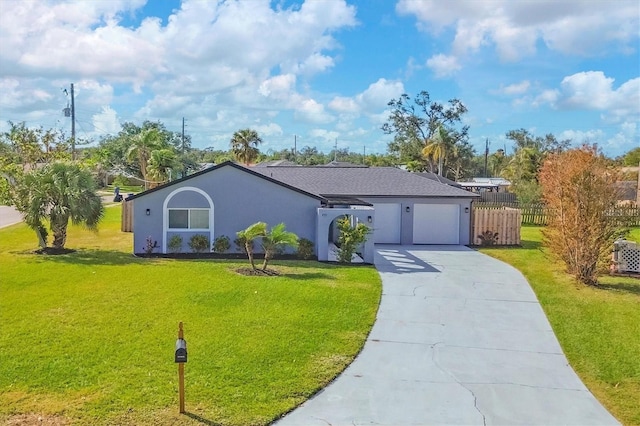 single story home with a garage and a front lawn