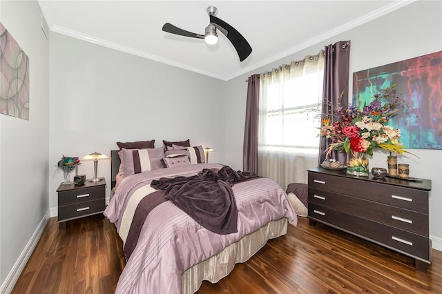 bedroom featuring ceiling fan, crown molding, and dark wood-type flooring