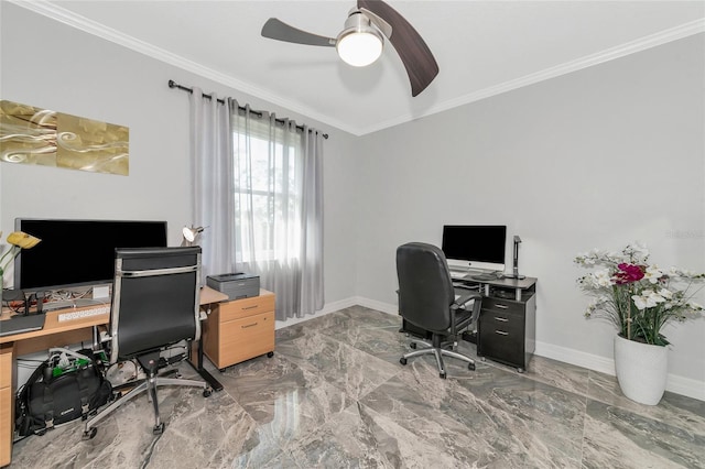 office area featuring ceiling fan and ornamental molding