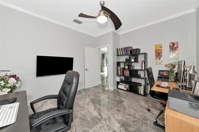 home office with ceiling fan and crown molding