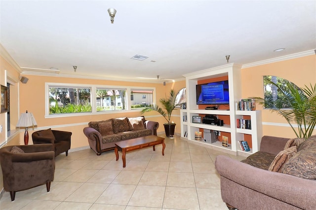 tiled living room featuring crown molding