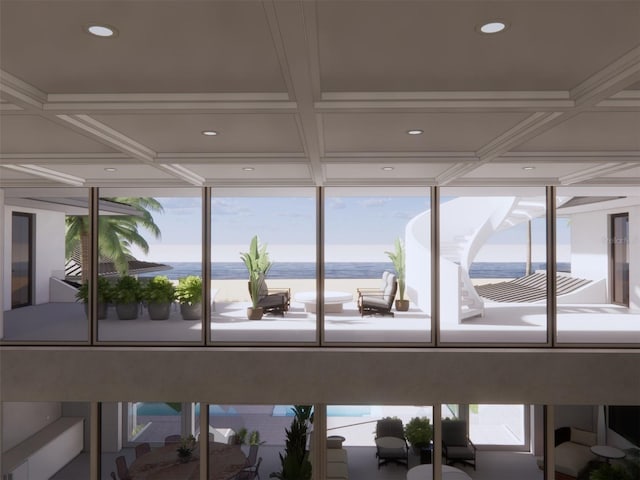 interior space with recessed lighting and coffered ceiling