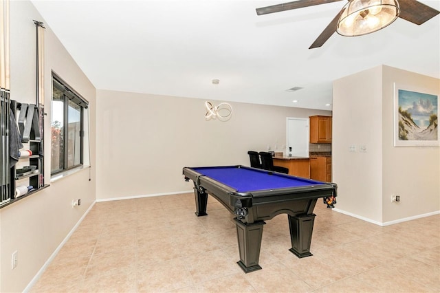 recreation room featuring ceiling fan, light tile patterned floors, and billiards