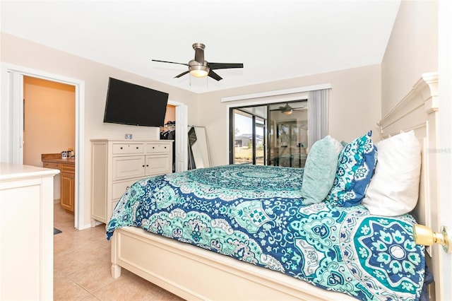 tiled bedroom featuring access to exterior and ceiling fan