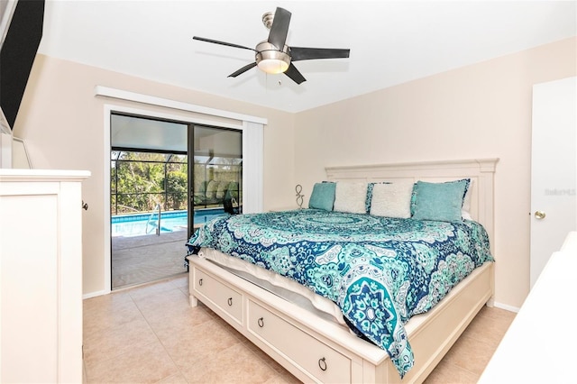 tiled bedroom featuring ceiling fan and access to exterior