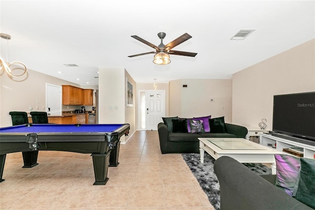 rec room with ceiling fan, light tile patterned floors, and billiards