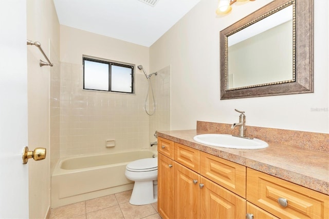 bathroom with toilet, tile patterned flooring, shower / tub combination, and vanity