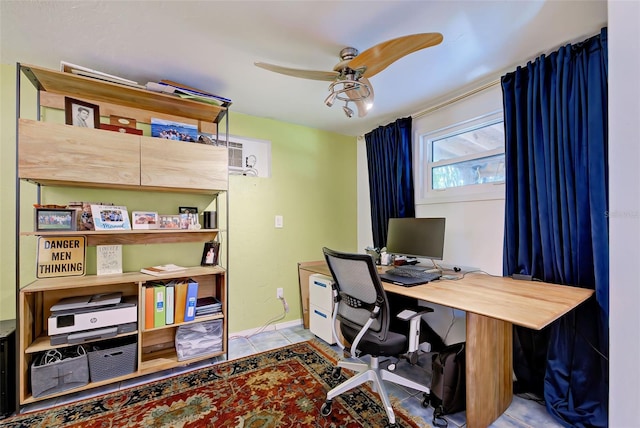 office area with ceiling fan and light tile patterned floors