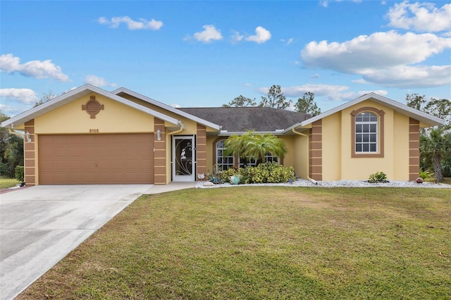 ranch-style house with a garage and a front yard