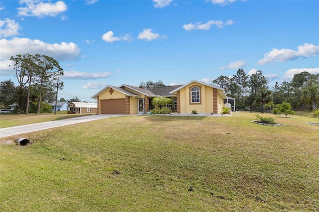 ranch-style house with a front yard and a garage