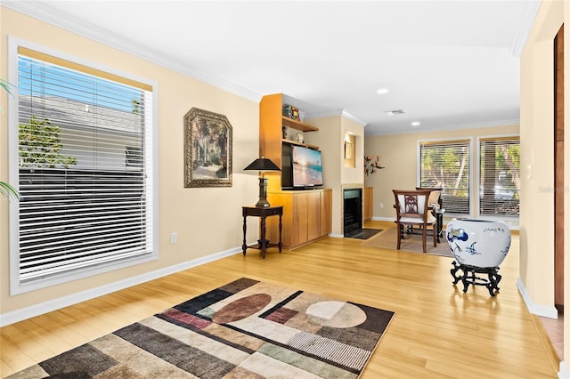 living area featuring light hardwood / wood-style floors and crown molding