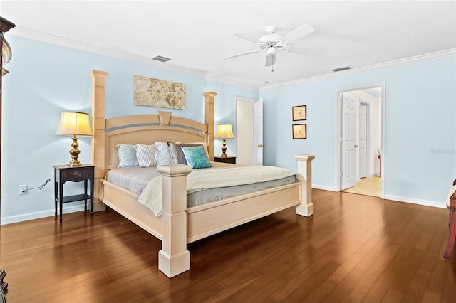 bedroom with ceiling fan, dark hardwood / wood-style flooring, and crown molding