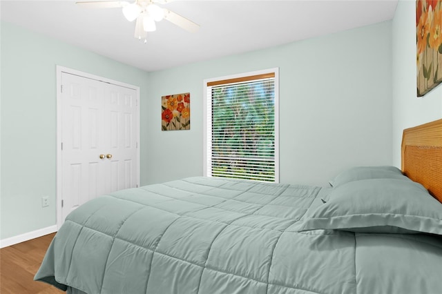 bedroom with hardwood / wood-style flooring, ceiling fan, and a closet