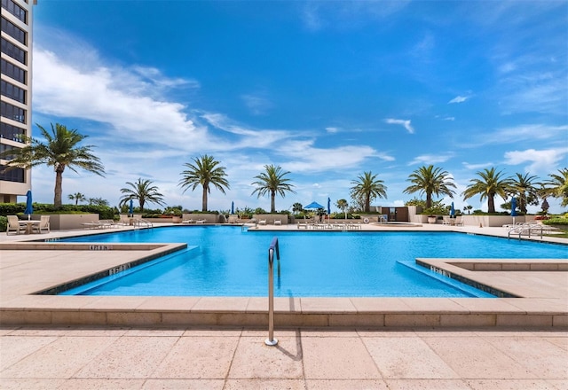 view of swimming pool featuring a patio area