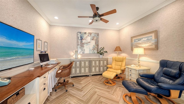 office space with ceiling fan, ornamental molding, and light parquet flooring