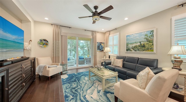 living room with ceiling fan and wood-type flooring