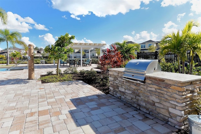 view of patio / terrace with an outdoor kitchen, a pergola, and grilling area