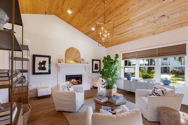 living room featuring a notable chandelier, wood ceiling, hardwood / wood-style floors, and high vaulted ceiling