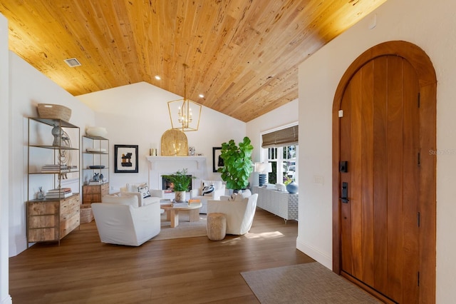 living room featuring lofted ceiling, dark wood-type flooring, and wooden ceiling