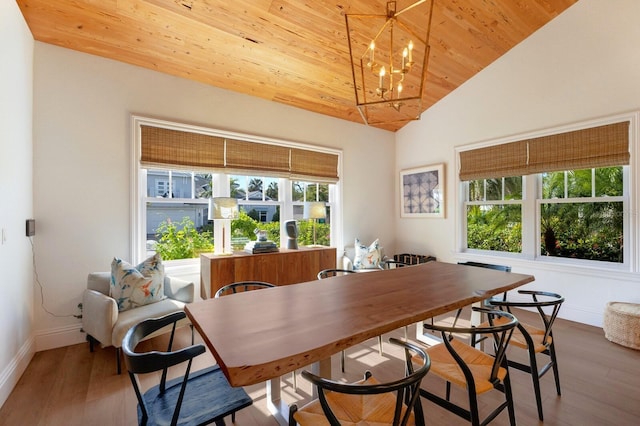 dining area featuring vaulted ceiling, wooden ceiling, a chandelier, and hardwood / wood-style floors