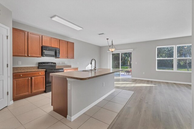 kitchen with sink, an island with sink, pendant lighting, light hardwood / wood-style floors, and black appliances