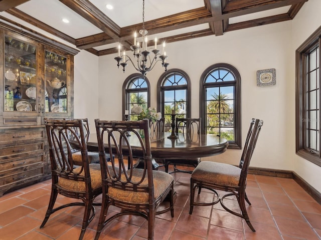 tiled dining area featuring a notable chandelier, beam ceiling, a healthy amount of sunlight, and coffered ceiling