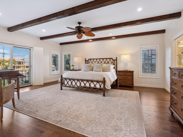 bedroom featuring access to exterior, ceiling fan, beamed ceiling, and dark hardwood / wood-style floors