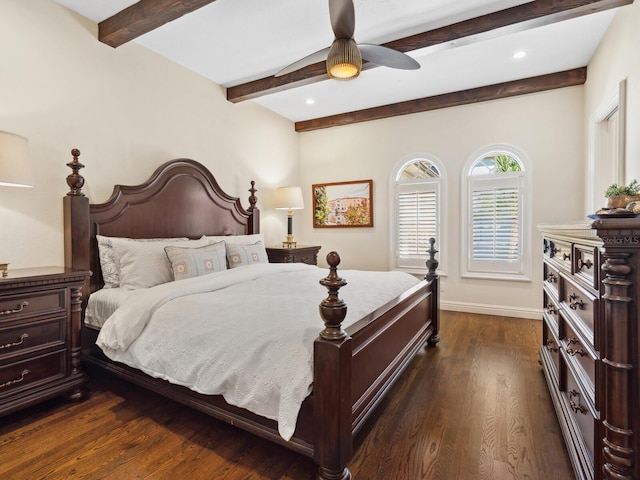 bedroom with beamed ceiling, dark hardwood / wood-style flooring, and ceiling fan