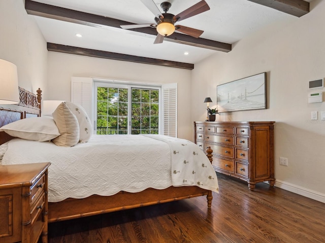 bedroom with beam ceiling, dark hardwood / wood-style floors, and ceiling fan