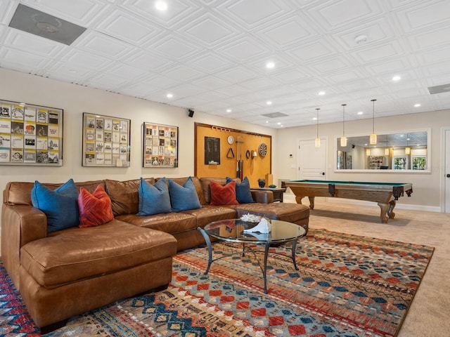 carpeted living room featuring billiards