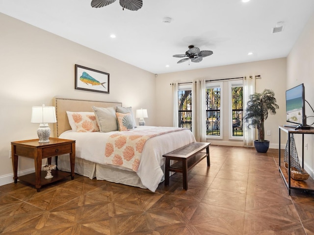 bedroom featuring access to outside, ceiling fan, and dark parquet floors