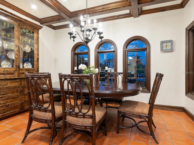 dining room with a chandelier, tile patterned floors, beamed ceiling, and coffered ceiling