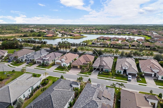 bird's eye view with a water view