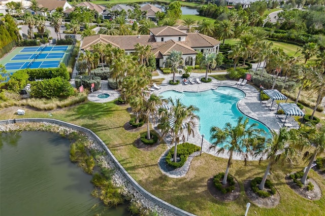 drone / aerial view featuring a water view