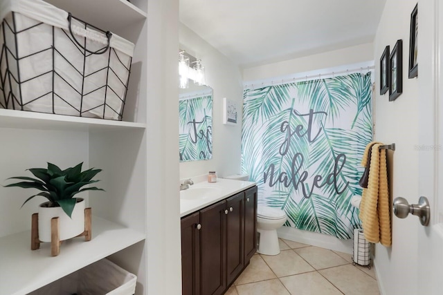 full bathroom featuring toilet, vanity, shower / bathtub combination with curtain, and tile patterned flooring