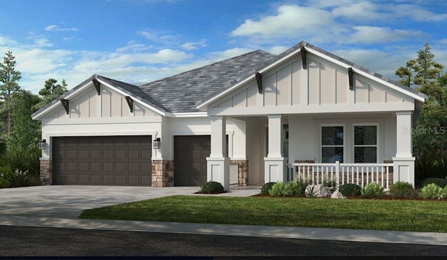 view of front of house with a garage, covered porch, and a front lawn