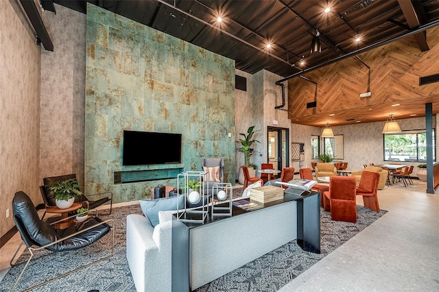 living room featuring a towering ceiling