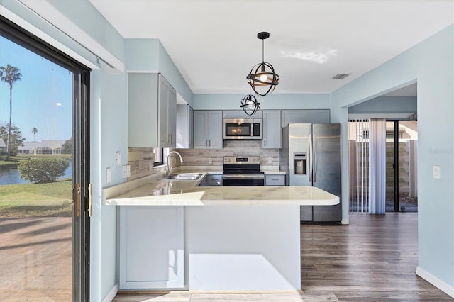 kitchen with appliances with stainless steel finishes, hanging light fixtures, gray cabinets, sink, and kitchen peninsula