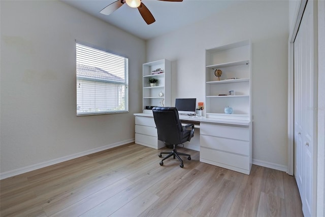 office area with ceiling fan and light hardwood / wood-style floors