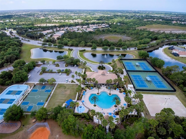 birds eye view of property featuring a water view